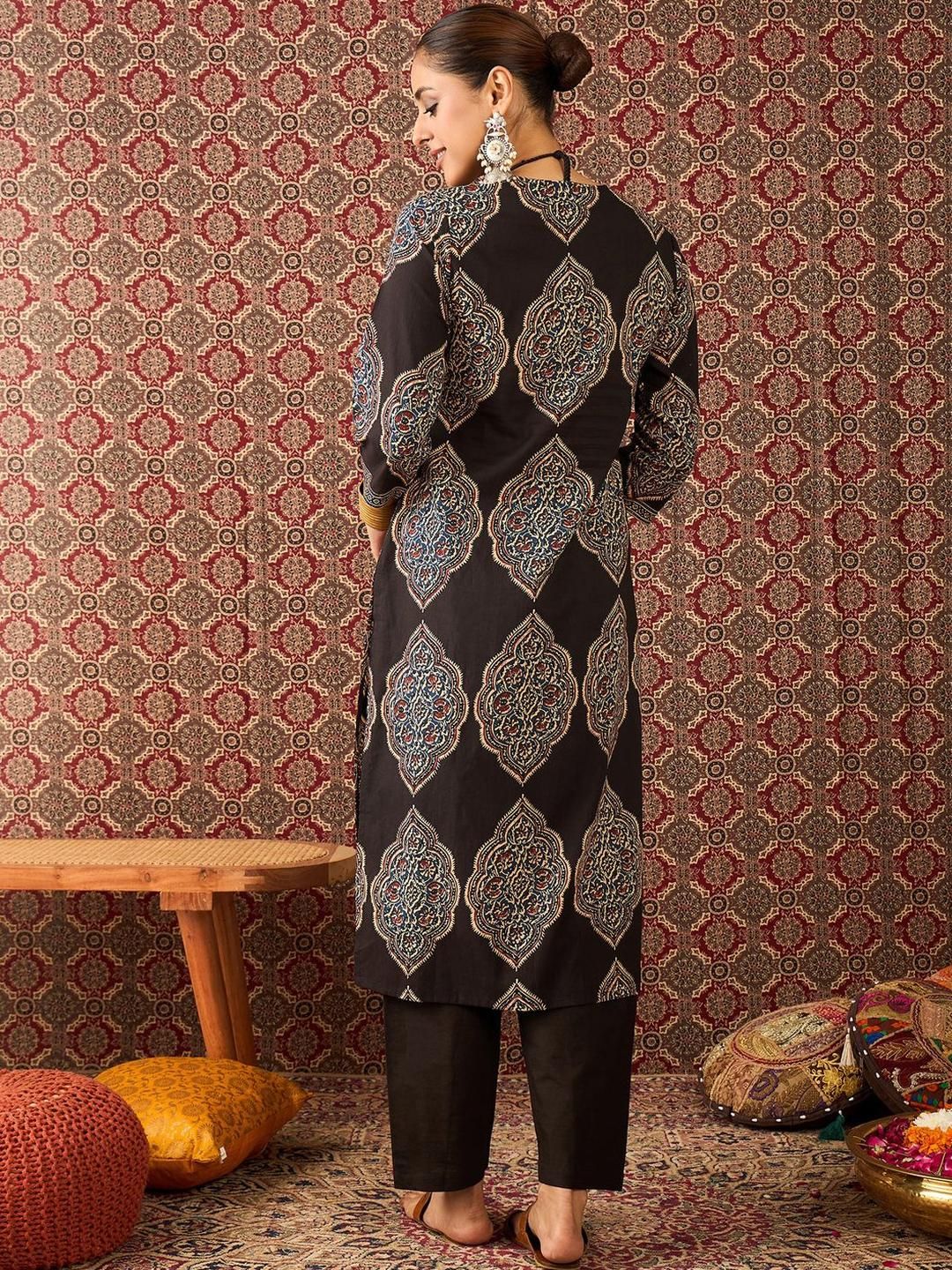 Dhiyona IE Printed Pure Cotton V-Neck Tunic With Trouser