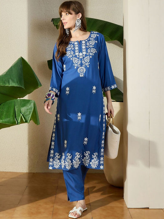 Floral Embroidered Straight Kurta with Trousers