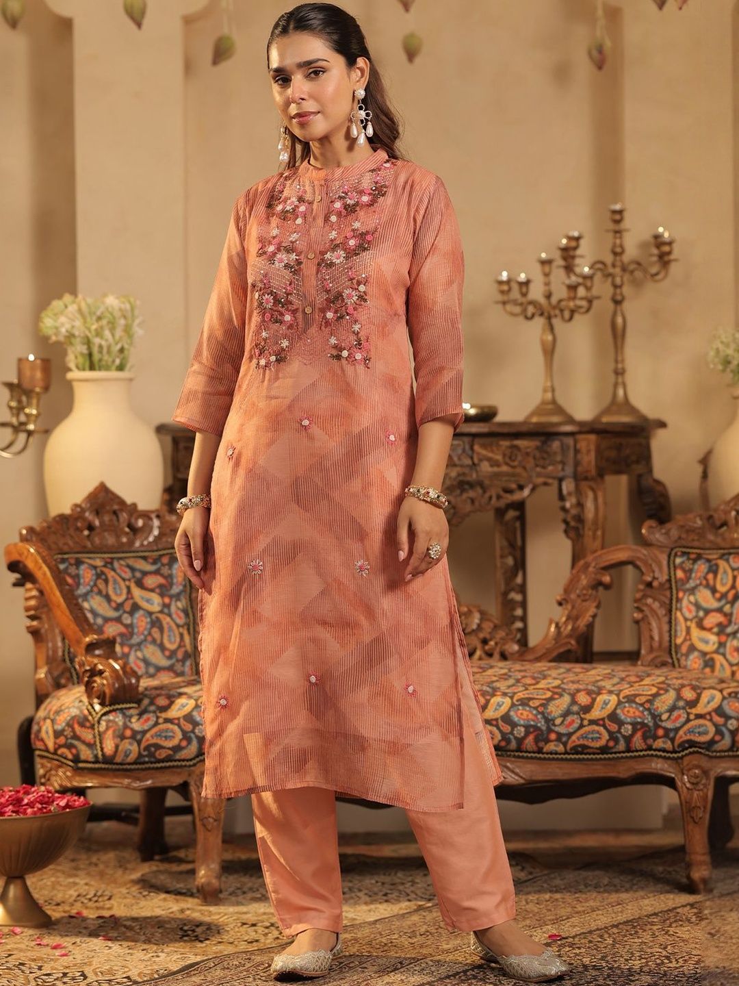 Floral Embroidered Thread Work Kurta with Trouser & With Dupatta