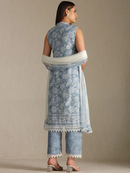 Dhiyona SO Women's Women Floral Printed Linen Kurta with Trousers & Dupatta