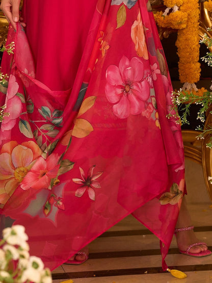 Floral Embroidered Thread Work A-Line Kurta With Trousers & Dupatta