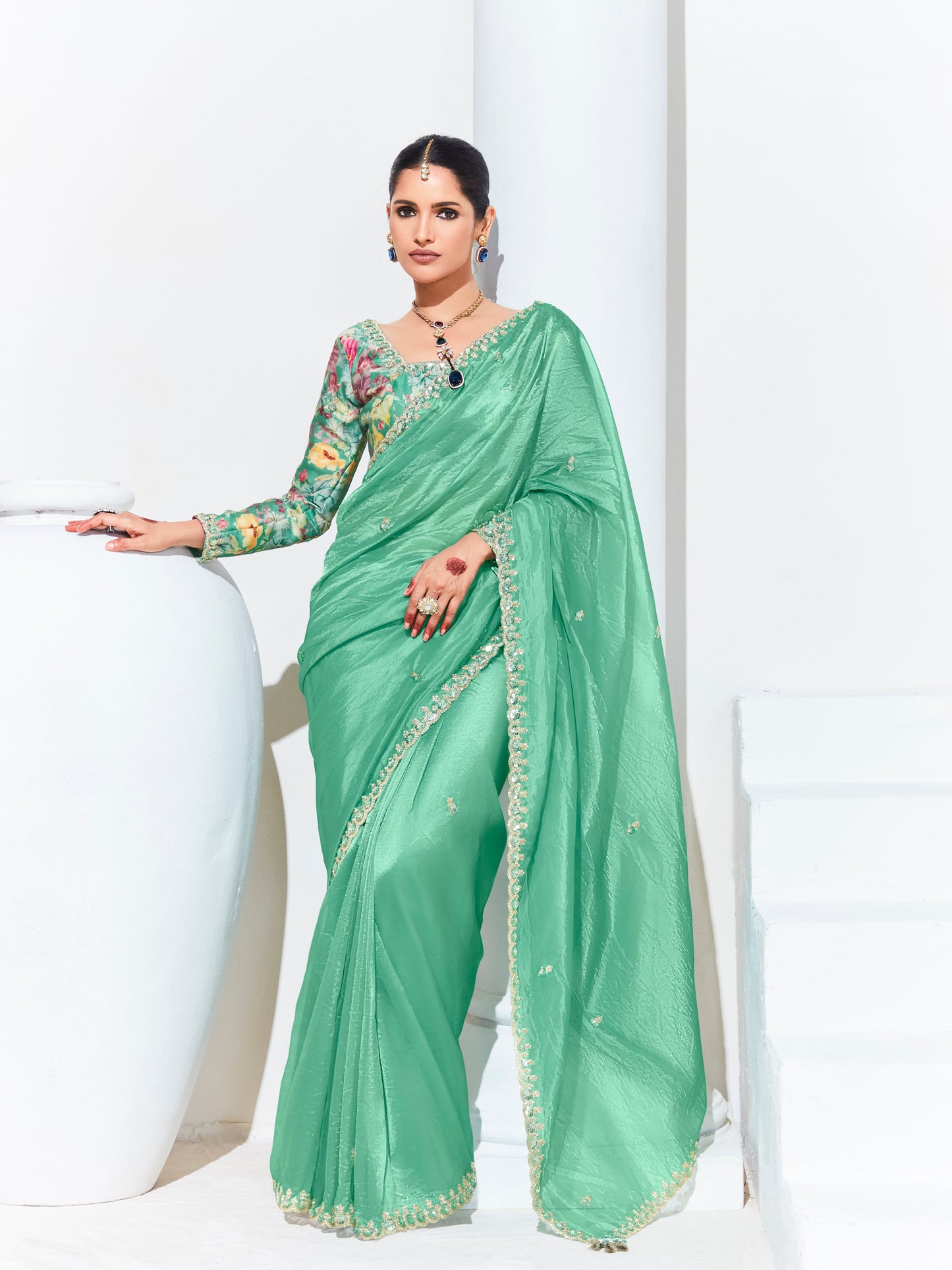 Dhiyona KM Women Green Silk Saree With Floral Blouse “ A Perfect Blend Of Grace & Elegancegreen Silk Saree
