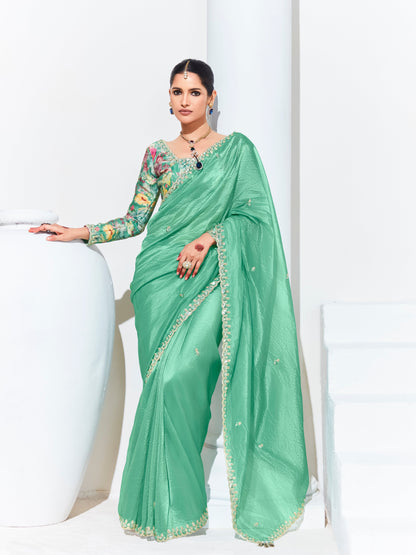Dhiyona KM Women Green Silk Saree With Floral Blouse “ A Perfect Blend Of Grace & Elegancegreen Silk Saree