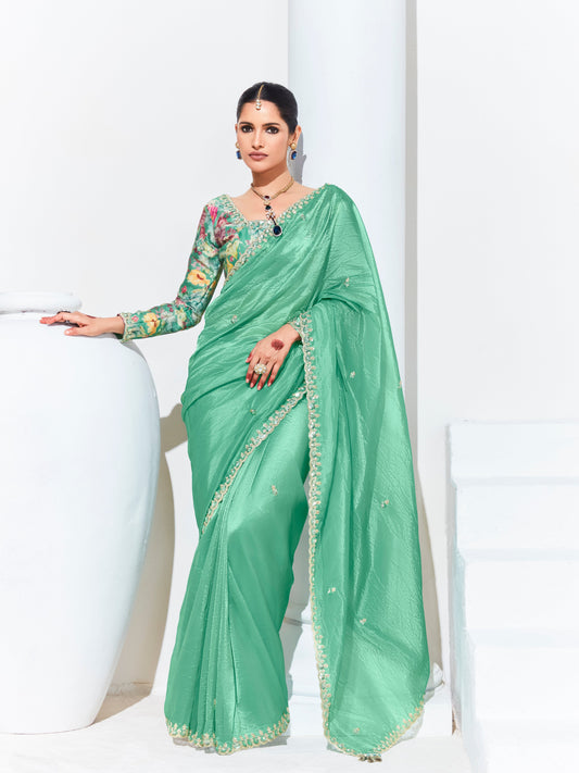 Dhiyona KM Women Green Silk Saree With Floral Blouse “ A Perfect Blend Of Grace & Elegancegreen Silk Saree
