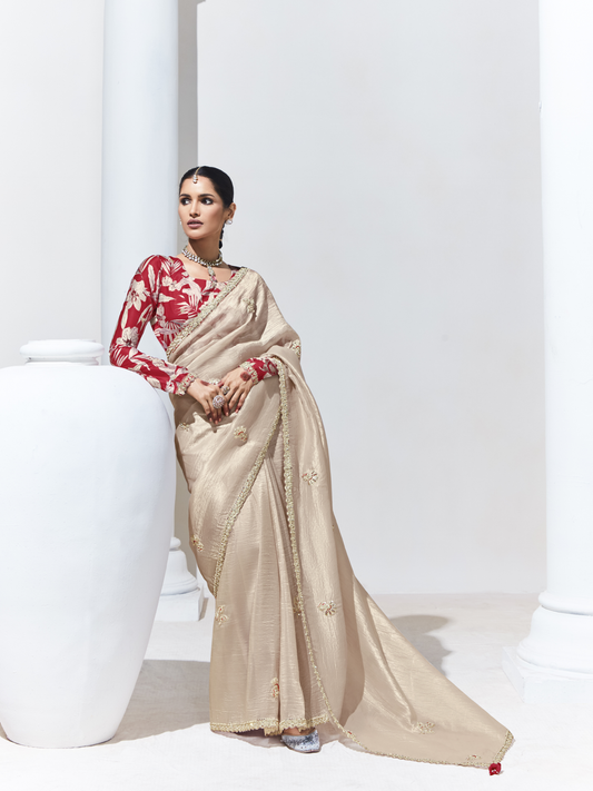 Dhiyona KM Women Elegant Beige Silk Saree With Red Blouse
