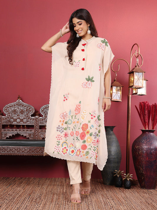Dhiyona VR Women's Floral Thread Embroidered Kaftan With Tonal Bottom