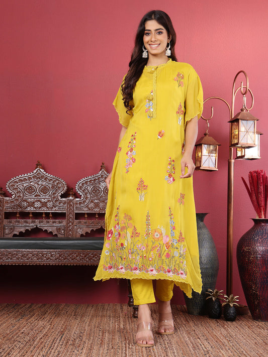 Dhiyona VR Women's Floral Thread Embroidered Silk Kaftan With Tonal Bottom