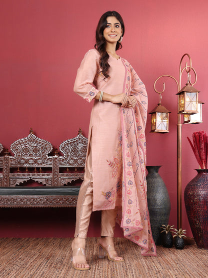 Dhiyona VR Women's Pure Kantha Hand Embroidered Kurta Set With Embroidered Dupatta