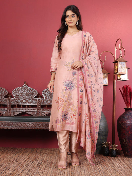 Dhiyona VR Women's Pure Kantha Hand Embroidered Kurta Set With Embroidered Dupatta
