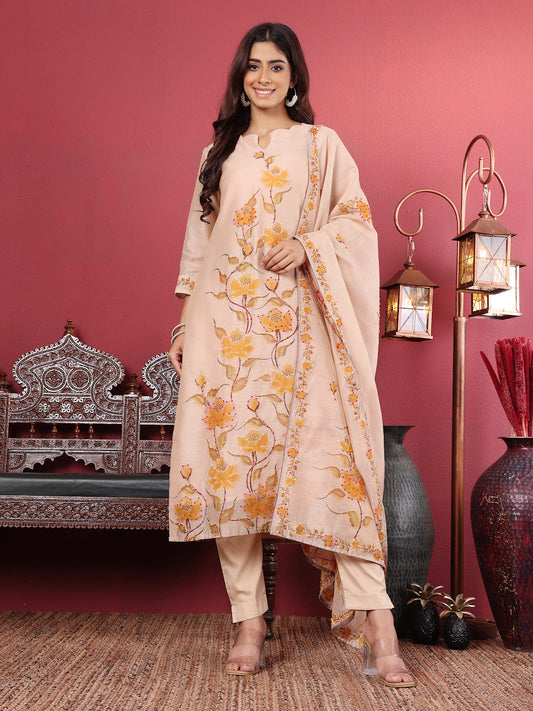 Dhiyona VR Women's Beige Pure Hand Kantha Embroidered Kurta Set With Dupatta