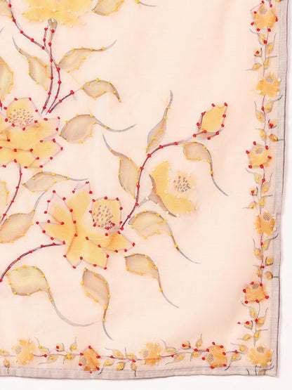 Dhiyona VR Women's Beige Pure Hand Kantha Embroidered Kurta Set With Dupatta