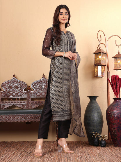 Dhiyona VR Women's Chanderi Silk Geometric Printed Kurta Paired With Bottom And Dupatta
