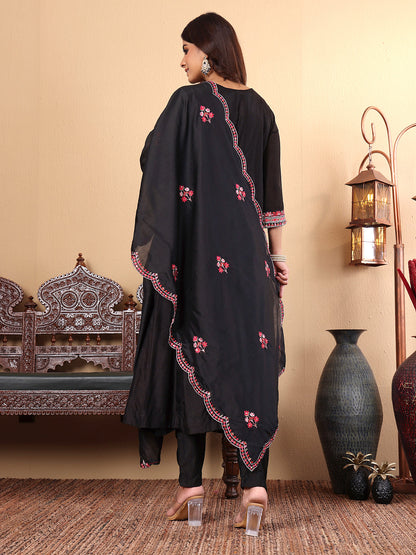 Dhiyona VR Women's Pure Black Hand Embroidered Kurta Set With Dupatta
