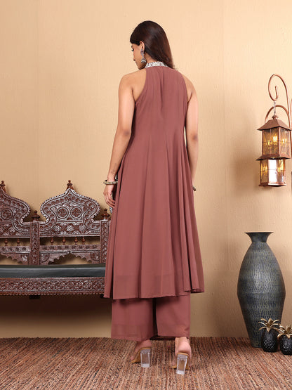 Dhiyona VR Women's Nude Yoke Embroidered Sleeveless Flared Kurta With Trousers