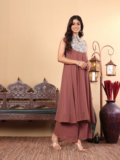 Dhiyona VR Women's Nude Yoke Embroidered Sleeveless Flared Kurta With Trousers