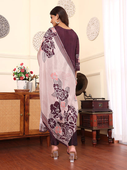 Dhiyona VR Women's Pure Purple Floral Printed Kurta Set And Dupatta