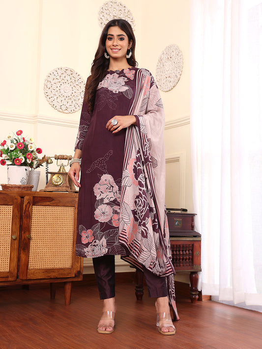 Dhiyona VR Women's Pure Purple Floral Printed Kurta Set And Dupatta
