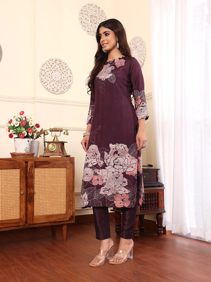 Dhiyona VR Women's Pure Purple Floral Printed Kurta Set And Dupatta