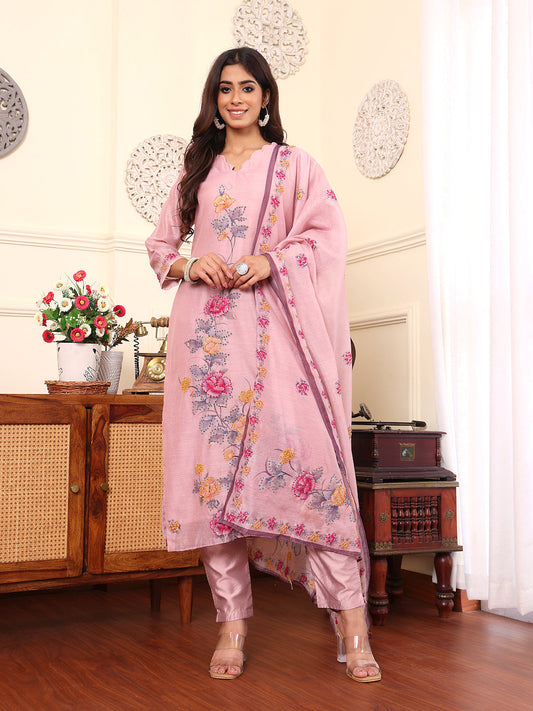 Dhiyona VR Women's Pure Mauve Kantha Hand Embroidered Kurta Set With Dupatta