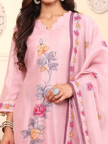 Dhiyona VR Women's Pure Mauve Kantha Hand Embroidered Kurta Set With Dupatta