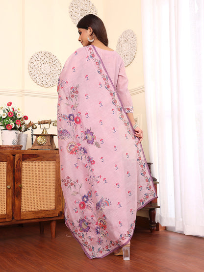 Dhiyona VR Women's Pure Kantha Hand Embroidered Kurta Set With Dupatta