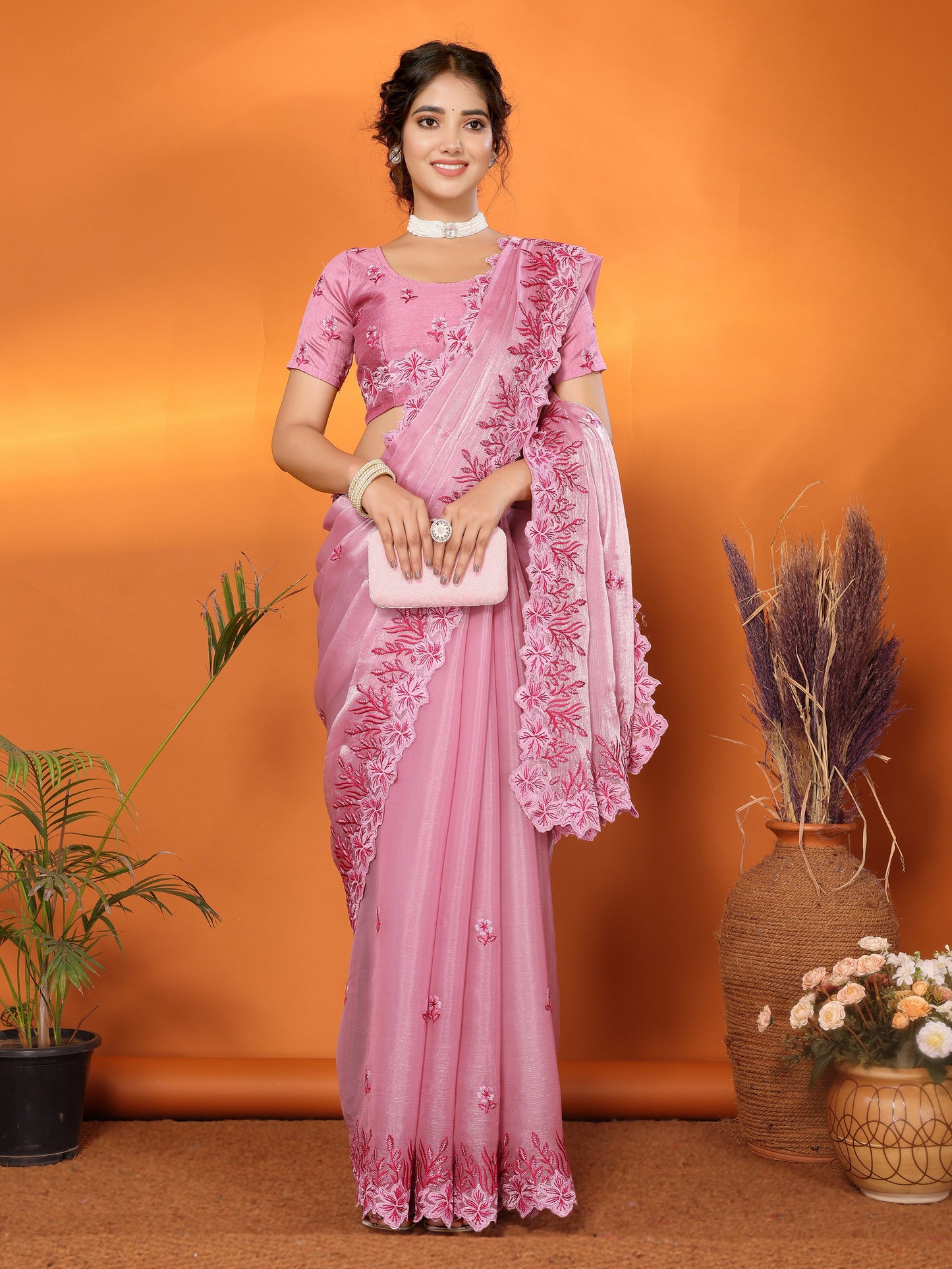 Dhiyona GR Women's Hirva Pink Jimmi Choo Embroidered Saree