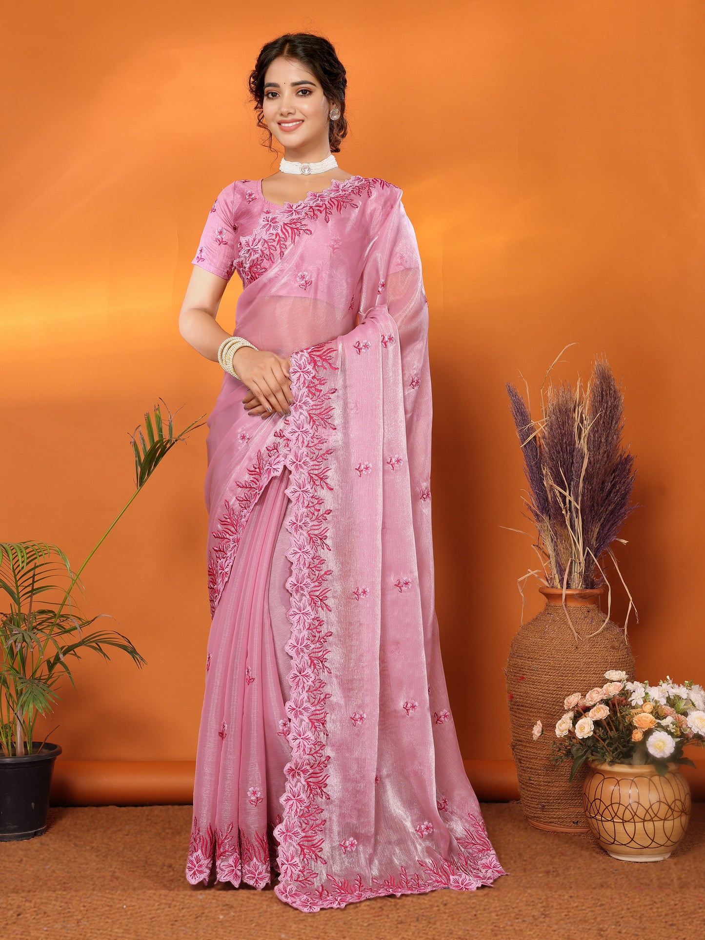 Dhiyona GR Women's Hirva Pink Jimmi Choo Embroidered Saree
