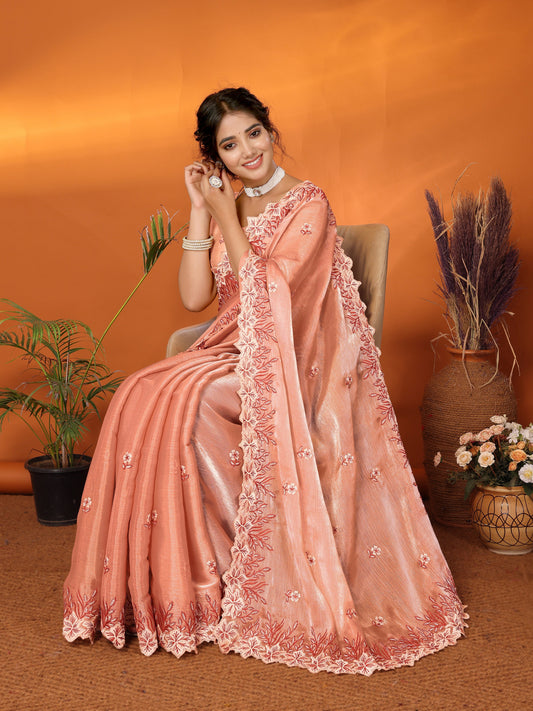 Dhiyona GR Women's Hirva Peach Orange Jimmi Choo Embroidered Saree