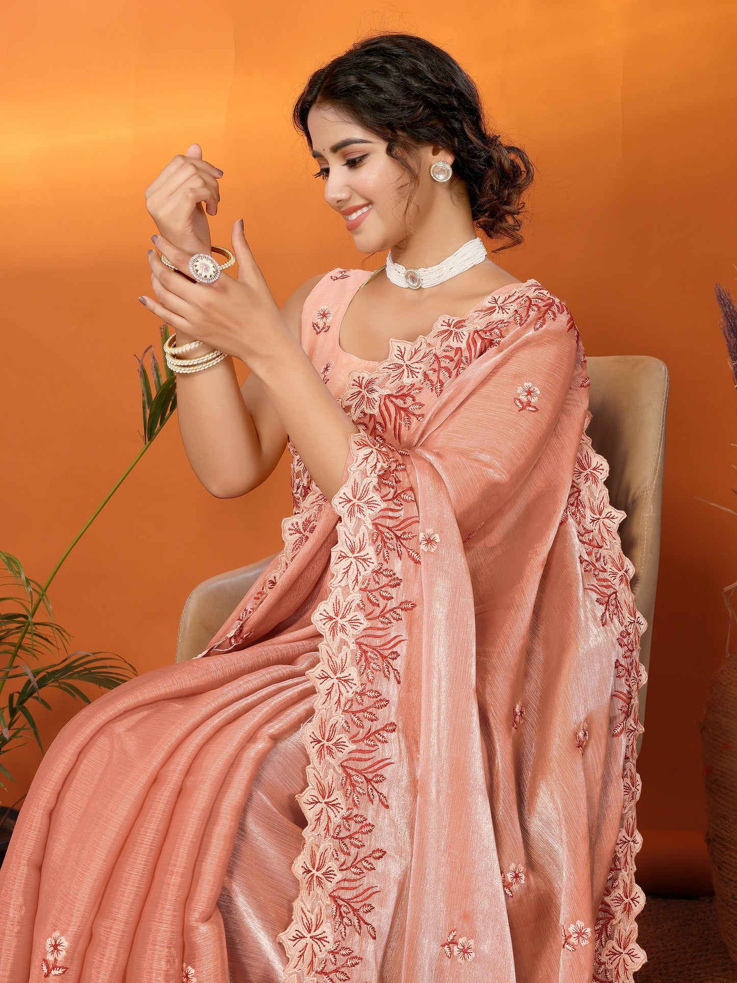Dhiyona GR Women's Hirva Peach Orange Jimmi Choo Embroidered Saree