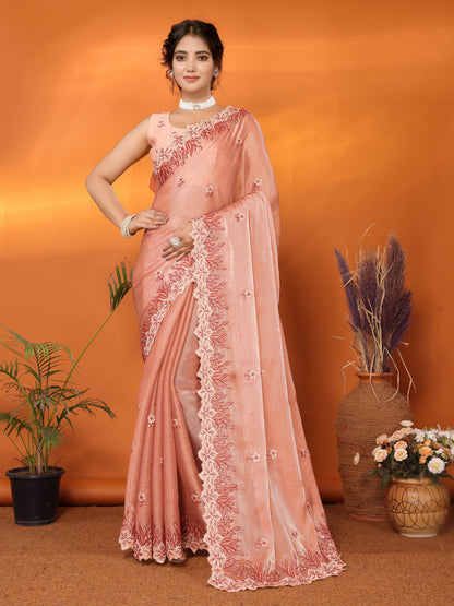 Dhiyona GR Women's Hirva Peach Orange Jimmi Choo Embroidered Saree