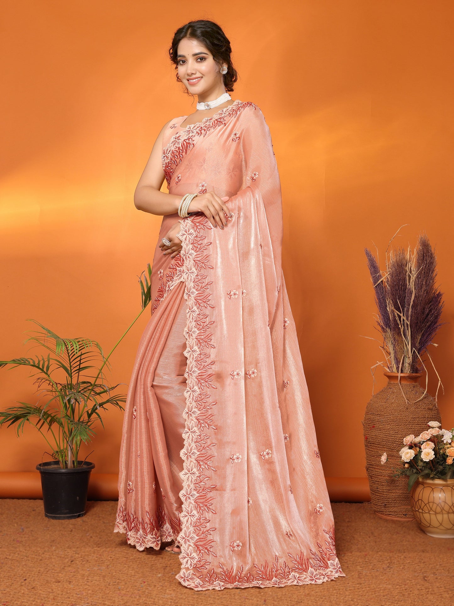 Dhiyona GR Women's Hirva Peach Orange Jimmi Choo Embroidered Saree