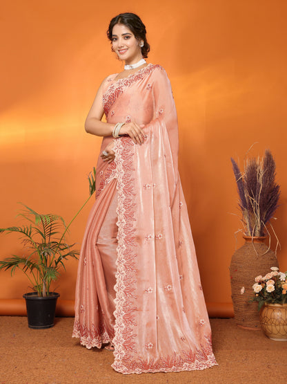 Dhiyona GR Women's Hirva Peach Orange Jimmi Choo Embroidered Saree