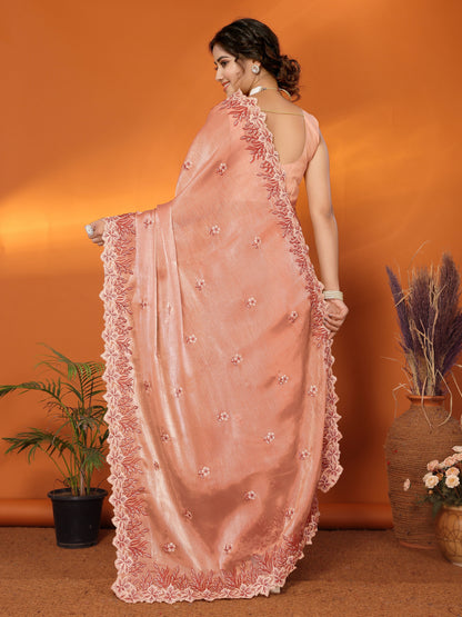 Dhiyona GR Women's Hirva Peach Orange Jimmi Choo Embroidered Saree
