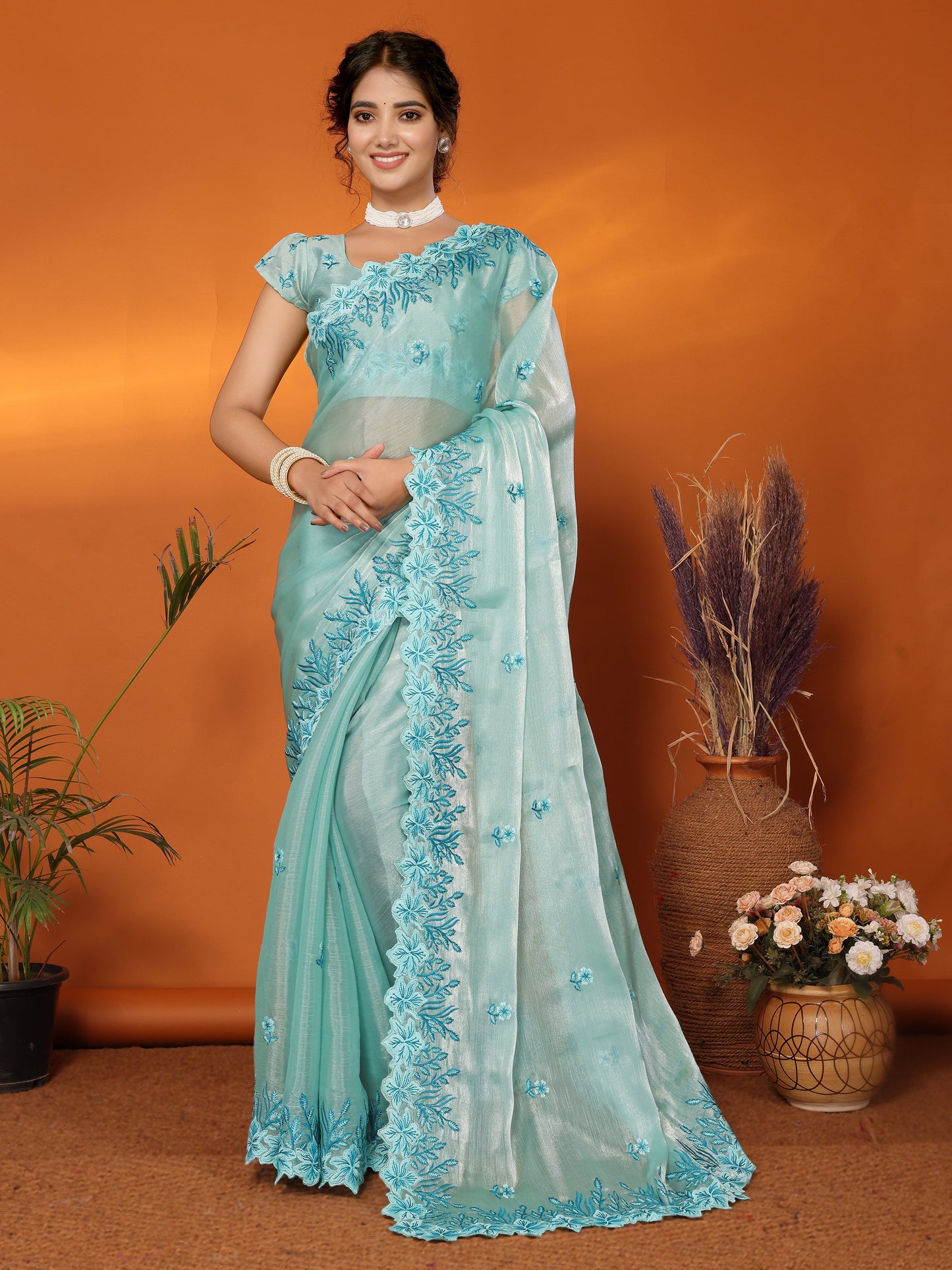 Dhiyona GR Women's Hirva Turquoise Jimmi Choo Embroidered Saree