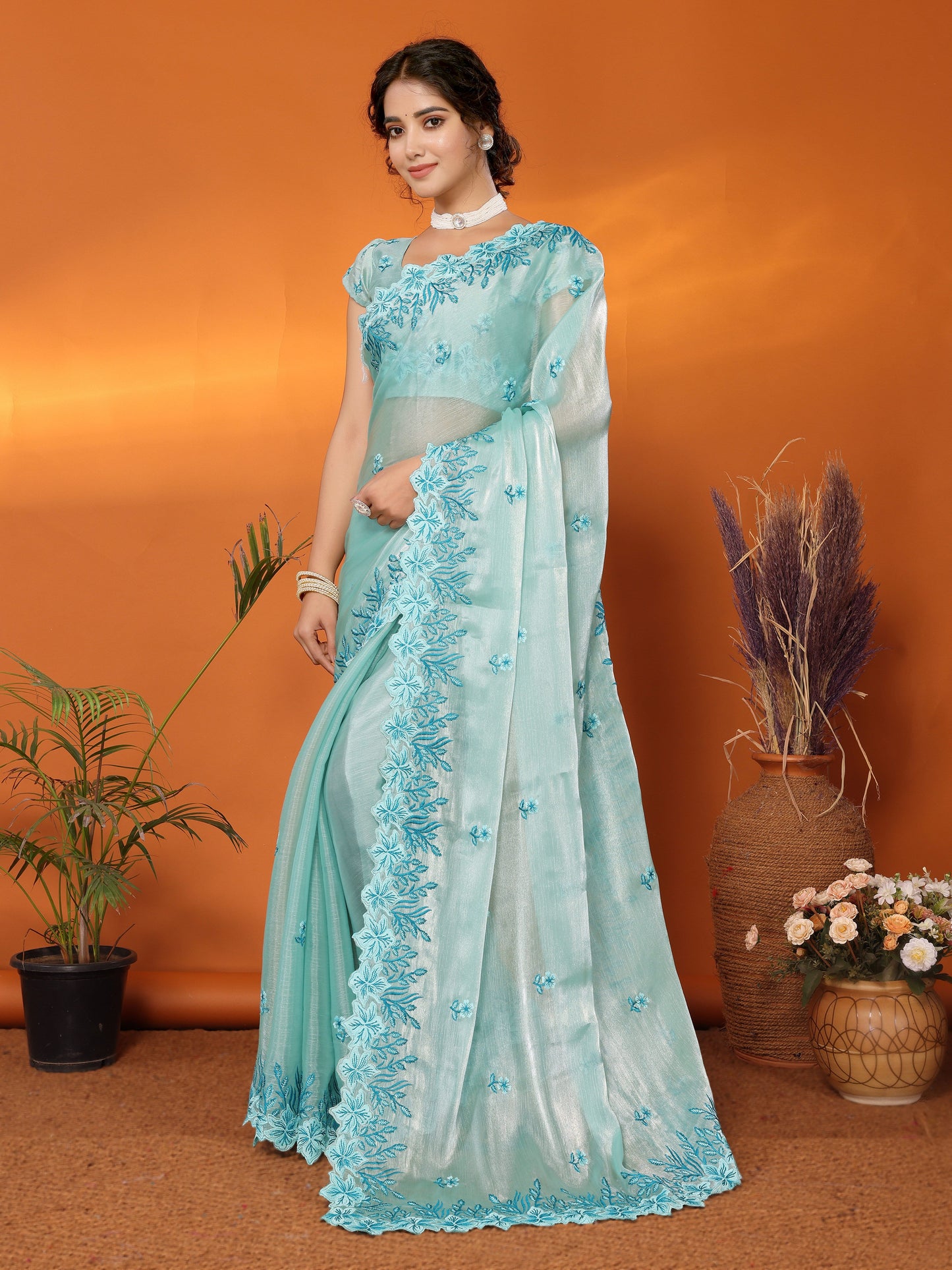 Dhiyona GR Women's Hirva Turquoise Jimmi Choo Embroidered Saree