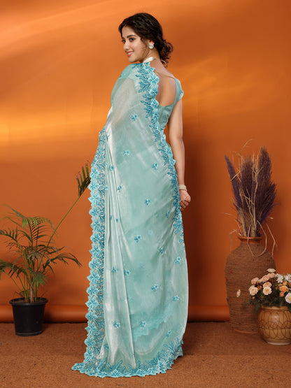 Dhiyona GR Women's Hirva Turquoise Jimmi Choo Embroidered Saree