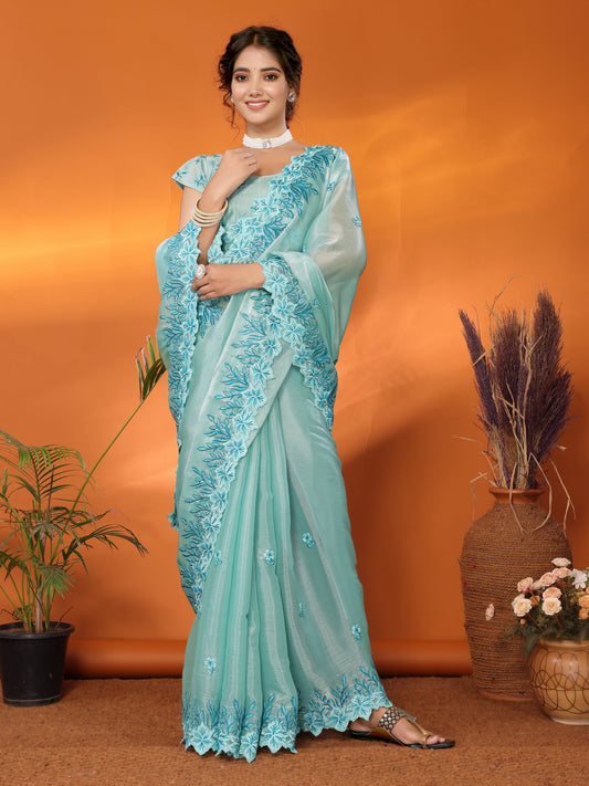Dhiyona GR Women's Hirva Turquoise Jimmi Choo Embroidered Saree