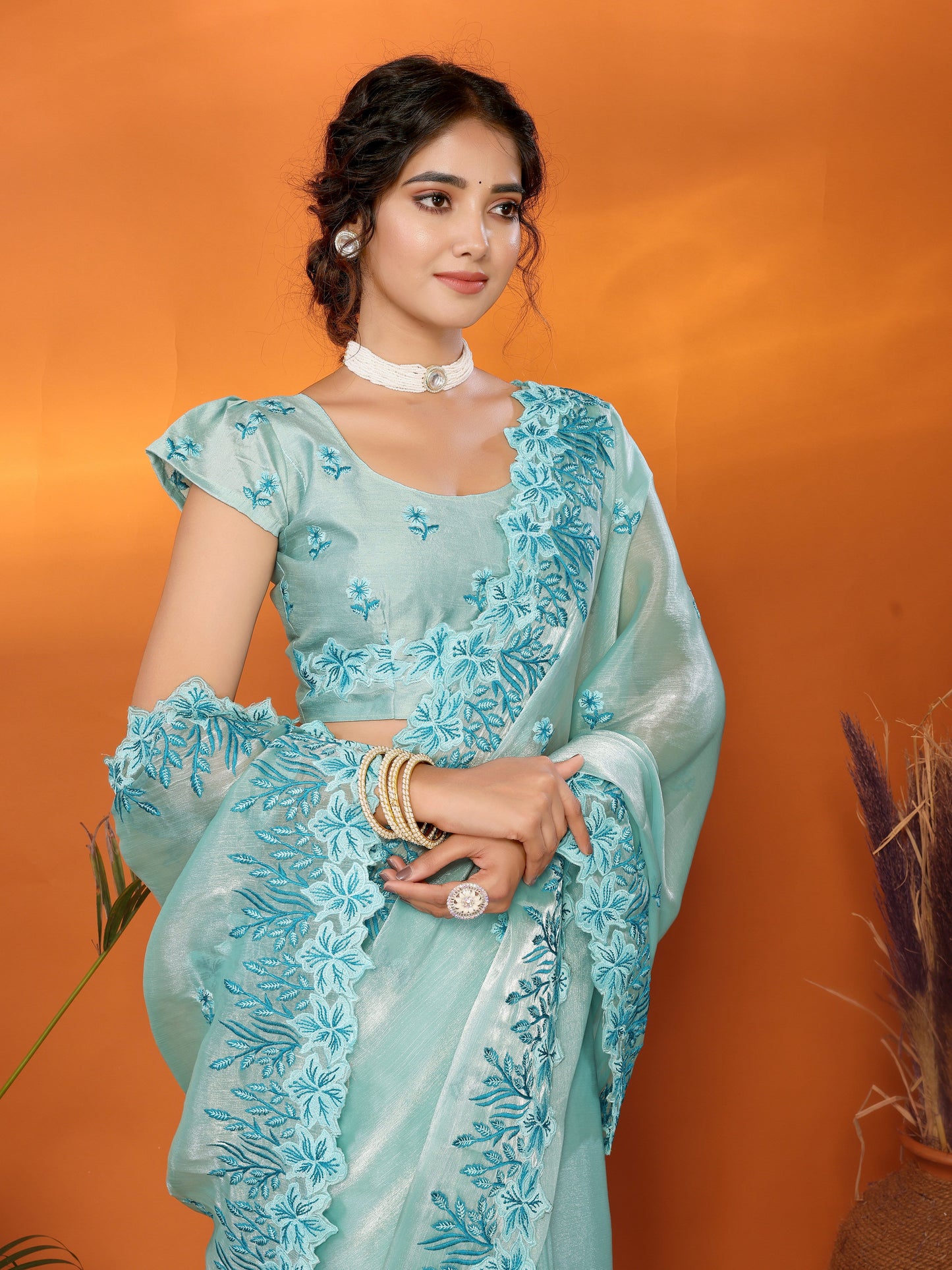 Dhiyona GR Women's Hirva Turquoise Jimmi Choo Embroidered Saree