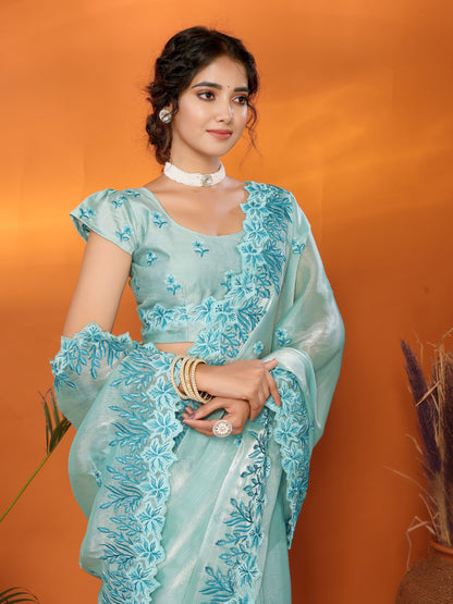 Dhiyona GR Women's Hirva Turquoise Jimmi Choo Embroidered Saree