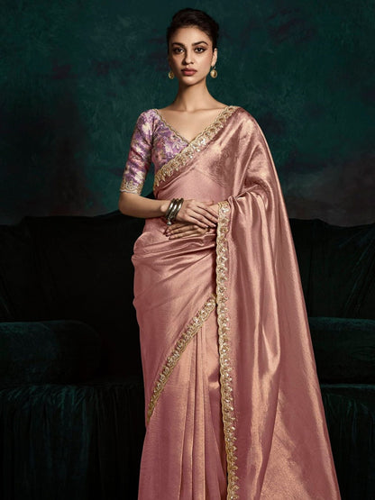 Dhiyona KM Women Trendy Peach Pure Tissue Silk Saree With Designer Printed Blouse