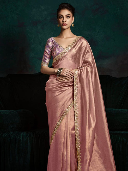 Dhiyona KM Women Trendy Peach Pure Tissue Silk Saree With Designer Printed Blouse