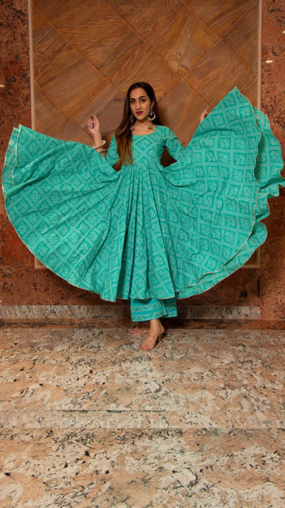Bandhej Tiffany Blue Cotton Anarkali Set