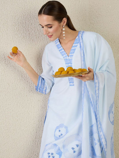 Women Abstract Printed Linen Kurta with Trousers & Dupatta