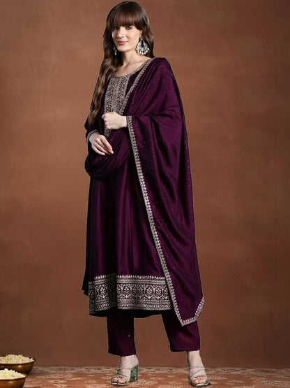 Women Ethnic Motifs Embroidered Panelled Thread Work Kurta with Trousers & With Dupatta