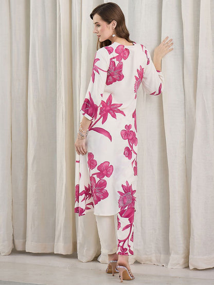 Women Floral Printed Regular A-Line Kurta with Trousers