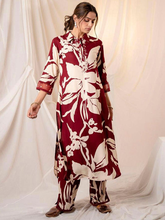 Women Floral Printed Regular Sequinned Kurta with Trousers