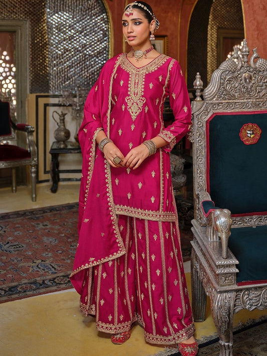 Dhiyona IE Women Ethnic Motifs Embroidered Regular Kurta with Sharara & With Dupatta