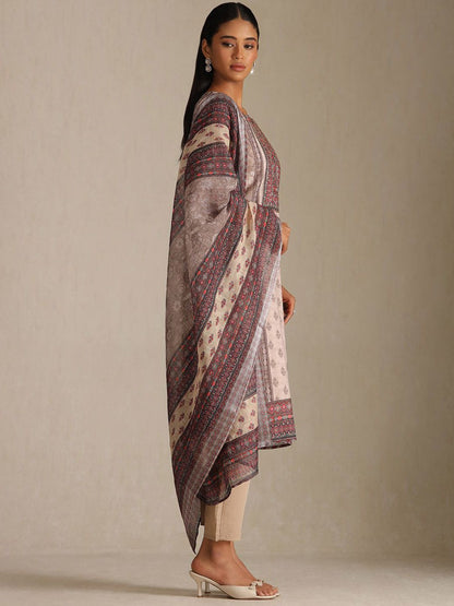 Dhiyona SO Women's Floral Printed Notch Neck Beads and Stones Linen Kurta With Trousers & Dupatta