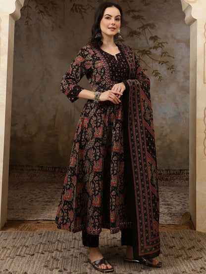 Dhiyona SN Women's Black Floral Printed Pure Cotton Anarkali Kurta With Trousers & Dupatta