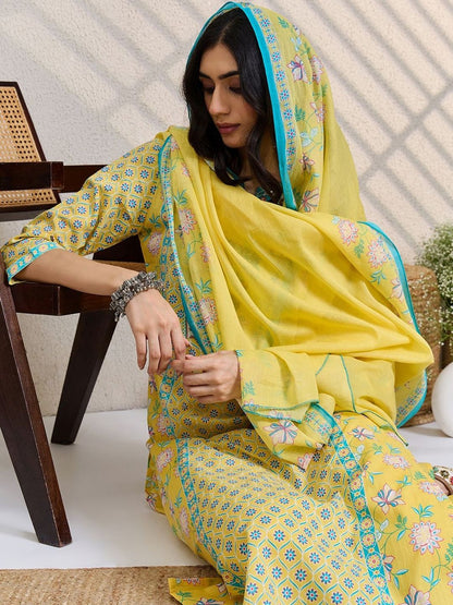 Floral Printed Notch Neck Pure Cotton Straight Kurta & Trousers With Dupatta